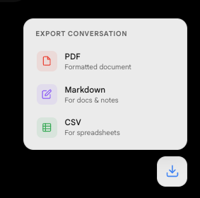 Gemini Chat Exporter - Export Conversation popup with PDF, Markdown, and CSV options