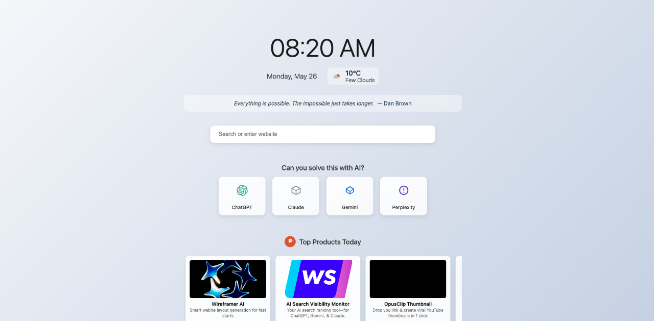 AI Nudge - new tab with time, weather, AI shortcuts and Product Hunt feed